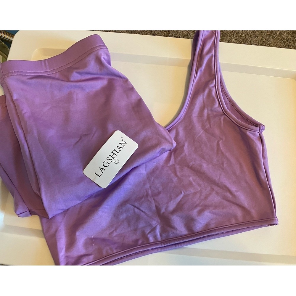 Lagshian Purple One Shoulder Athletic Workout Set Shorts Large C1009